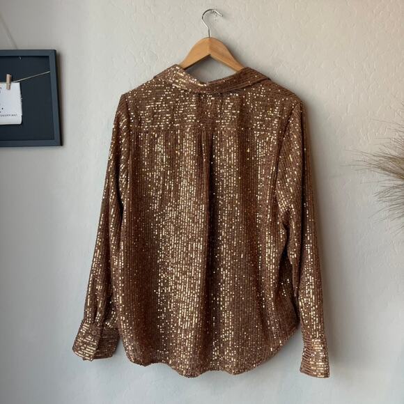 Anthropologie Top Sequin Brown Long Sleeve Remie Button Up Shirt Size XL - Picture 8 of 9